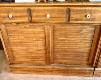 * 2 Piece Hutch (Shelves + Base w 3 drawers) maybe Ethan Allen base is 35 inches wide by 18 inches deep by 29 inches tall (shelves with 1 Drawer & Louvre Sliding Doors is 35 inches wide by 18 inches deep by 29 inches tall. Shelves only. 35 w x 11 deep x 46 Tall $125 Each. All the Knick Knacks are For Sale.   