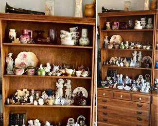 * 2 Piece Hutch (Shelves + Base w 3 drawers) maybe Ethan Allen base is 35 inches wide by 18 inches deep by 29 inches tall (shelves with 1 Drawer & Louvre Sliding Doors is 35 inches wide by 18 inches deep by 29 inches tall. Shelves only. 35 w x 11 deep x 46 Tall $125 Each. All the Knick Knacks are For Sale.   