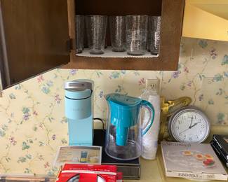 Keurig Coffee Maker/Wall Clock/Savannah Deviled Egg Tray/Brita Water Pitcher/Glassware/Chrome Drip Trays for Cooktop