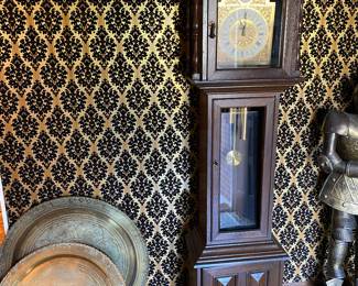 Tempus Fugit Grandfather Clock/Vintage Mid Century Large Round Brass Gallery Trays(2)