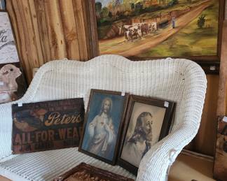 new vinyl wicker swing, vintage metal sign and Jesus prints