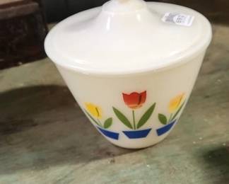 Fire King tulips bowl and lid, great color