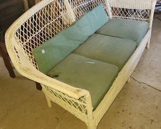 vintage heavy wood framed wicker couch