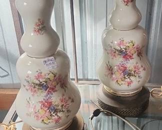 pair hand painted vintage lamps