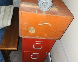 Red filing cabinet and a trunk