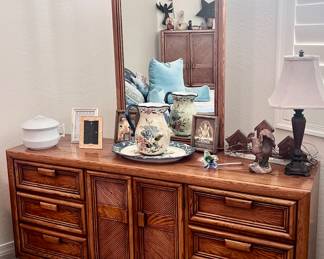Large wood dresser and mirror with cabinet storage space