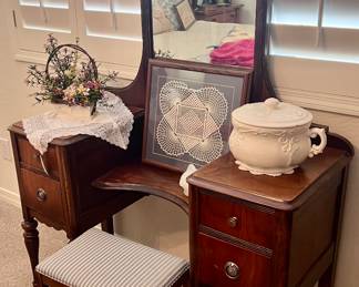 Cute vintage wood vanity with stool 