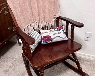 Vintage wood rocker and throw blanket 