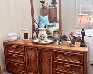Large wood dresser and mirror with cabinet storage space