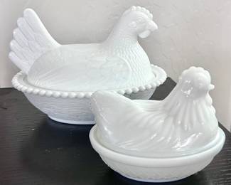 Milk glass chickens 