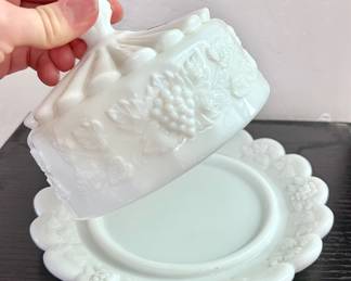 Victorian milk glass plate and cover