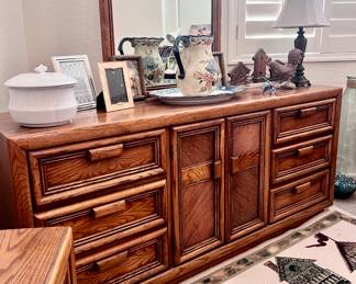 Large wood dresser and mirror with cabinet storage space