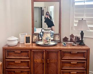 Large wood dresser and mirror with cabinet storage space