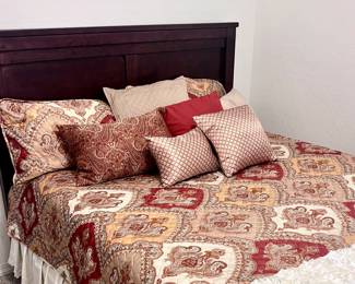 Queen sized bed frame, mattress, and bedding for sale 