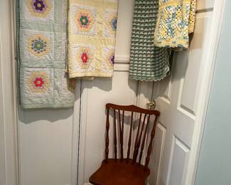 Vintage grandmothers flower quilts. Knitted baby blankets 