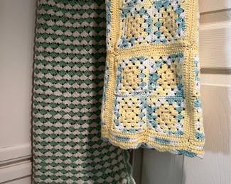 Vintage grandmothers flower quilts. Knitted baby blankets 