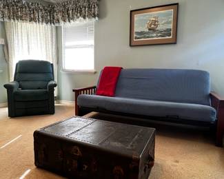 sofa bed, vintage trunk, electrical reclining chair