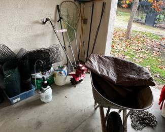 wheelbarrow, misc netting for trees, 