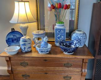 Blue and White Porcelains, Antique Oak Chest Circa 1910