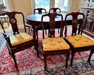 Chinese Hardwood Dining Set. Table with 2 leaves, 6 side chairs and 2 armchairs. 