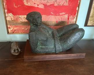 "Reclining Nude Figure"  verdigris bronze sculpture circa 1960,  by famed Ceramic artist and sculptor Ishmael Soto (1932-2017) dimensions of wood base are 10 x 18" x 11" H, $3,500