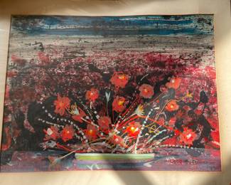 Michael Frary (U.T. at Austin, TX ,1918 - 2005), acrylic and oil on paper, "Red Flowers" unframed, @ 24" x18", $450.00