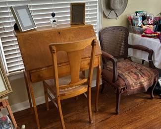Bird's eye maple drop down secretary and caned maple desk chair