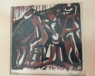 Hubert Buel (California, 1915 - 1984) "Jazz" small woodcut, 6" x 6" in frame $250.