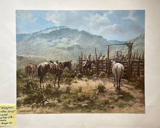 "Mountain Corral" by Olaf Carl Weighorst  (1899 - 1988, ; Denmark California) 20 x 26" Litho, Microcolor Lithography W.A. Krueger Co. $160.