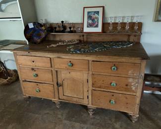 Primitive pine buffet with backsplash measures 61 x 26 x 41H