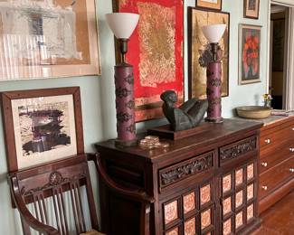 Victorian arm chair on casters, tile front carved chest. (SOLD), art on wall includes 4 abstract paintings by Michael Tracy.