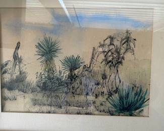 14" x 10" Pen and Ink on paper landscape unsigned attributed to Everett Spruce 