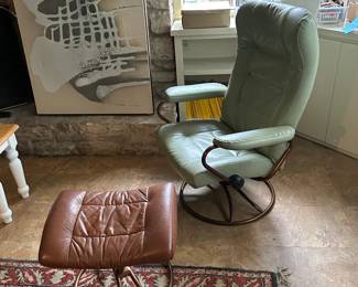 Early unsigned drip painting on canvas  by Michael Tracy $250. Vintage Norwegian Ekornes reclining lounge chair with ottoman.