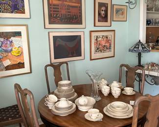 Table, chairs, chandelier, artwork: Lenox " Golden Wreath" , Flintridge "Fuchsia" China Set, Landstrom MCM Dining Table w 2 leaves, 5 upholstered slat back chairs.