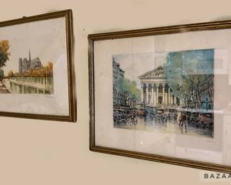 Left: Notre Dame Paris hand colored etching pencil signed by artist lower right, Right" Impressionist Paris etching hand colored and pencil signed by Marcel J. Baron