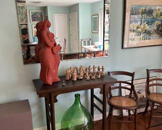 MCM clay sculpture "singing Guitar Player"by Luis Guzman Reyes Small Chinese style rosewood 41 x 34", a vintage 40 x 50"  (SOLD) Hollywood Regency rectangular beveled wall mirror with smokey glass and gold veined border, pair of  Eastlake chairs w caned seats ,  green glass teardrop bottle handblown 25" tall , as is (SOLD)