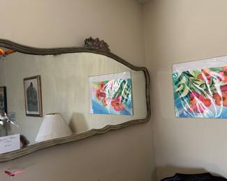 vintage Wood frame mirror with floral cartouche   50 x 24" 