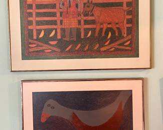 Eddie Arning (Texas, 1898 - 1993) , Top:  "Farmer"  25 1/2 x 19 1/2"  Art crayon on paper, $1750.    Bottom:  "Duck" Art crayon on paper 22" x 15" $1750.