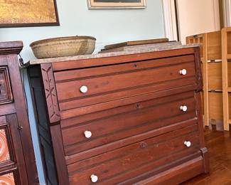 Antique three drawer chest with marble top, 40" across and 33" high.