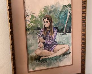 Original watercolor "Girl with Kitten" signed Lynda Lael
