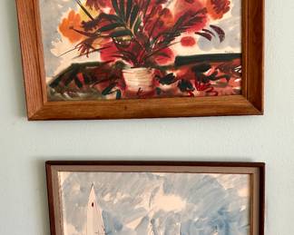 Michael Frary (U.T. at Austin, TX ,1918 - 2005), Top:  Abstract Flowers 18 x 24" watercolor, $575. Bottom:  Sailboats 18 x 24" watercolor, SOLD
