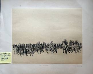 Earl Biss Jr. (1947- 1998, Ca., Montana, Native American)  "The Dispute 1981" pencil signed, titled and dated  22 x 26" Lithi; Line Drawing on a Zinc Plate 57/100  with C.O.A.  $450.