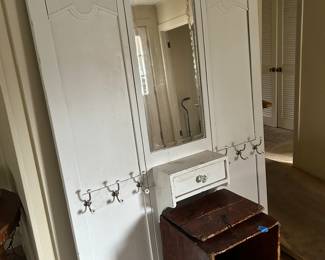 Wooden mudroom panel /entryway piece painted white and primitive bin