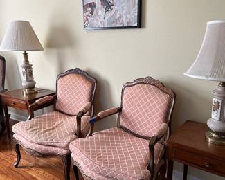Pair of King Louis French style armchairs,tapered leg mid century end tables
