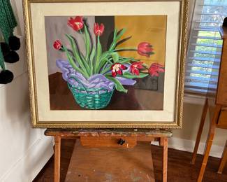 Lael Seagert original "Tulips In A Basket" 16 x 19,  $250. artist's easel sold separately.