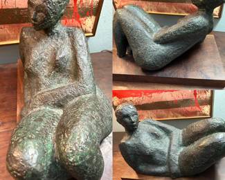 "Reclining Nude Figure" MCM verdigris bronze sculpture circa 1960,  by famed Ceramic artist and sculptor Ishmael Soto (1932-2017) beautifully mounted on wood, dimensions of wood base are 10 x 18" x 11" H, unsigned w provenance $3,500.