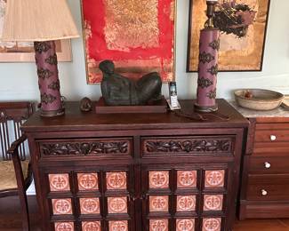 Rustic Tile front Mexican carved chest has two drawers and storage with shelf underneath, dimensions: 50 x 20 x 3' H) Art: Michael Tracy, Red & Gold abstract oil on paper in frame with no glass  ($1100.)  Michael Tracy,  Black, Gold & Purple 30" x 22" abstract oil on paper in frame no glass, $800  