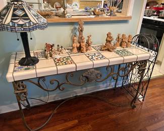 Tiffany style lamp on a vintage mosaic tile top table on wrought iron base $750
