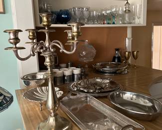 Christofle candelabra, various silver plate and glassware.