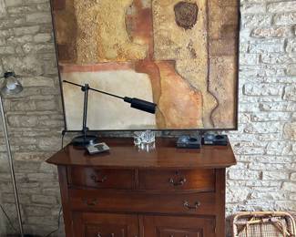 Ray Cox (TX. 1943 - 2020) 4' x 4' "Abstract No. 7" original on canvas, signed and titled on verso. $800.  antique chiffonier $450., Beneta Lumi desk lamp,